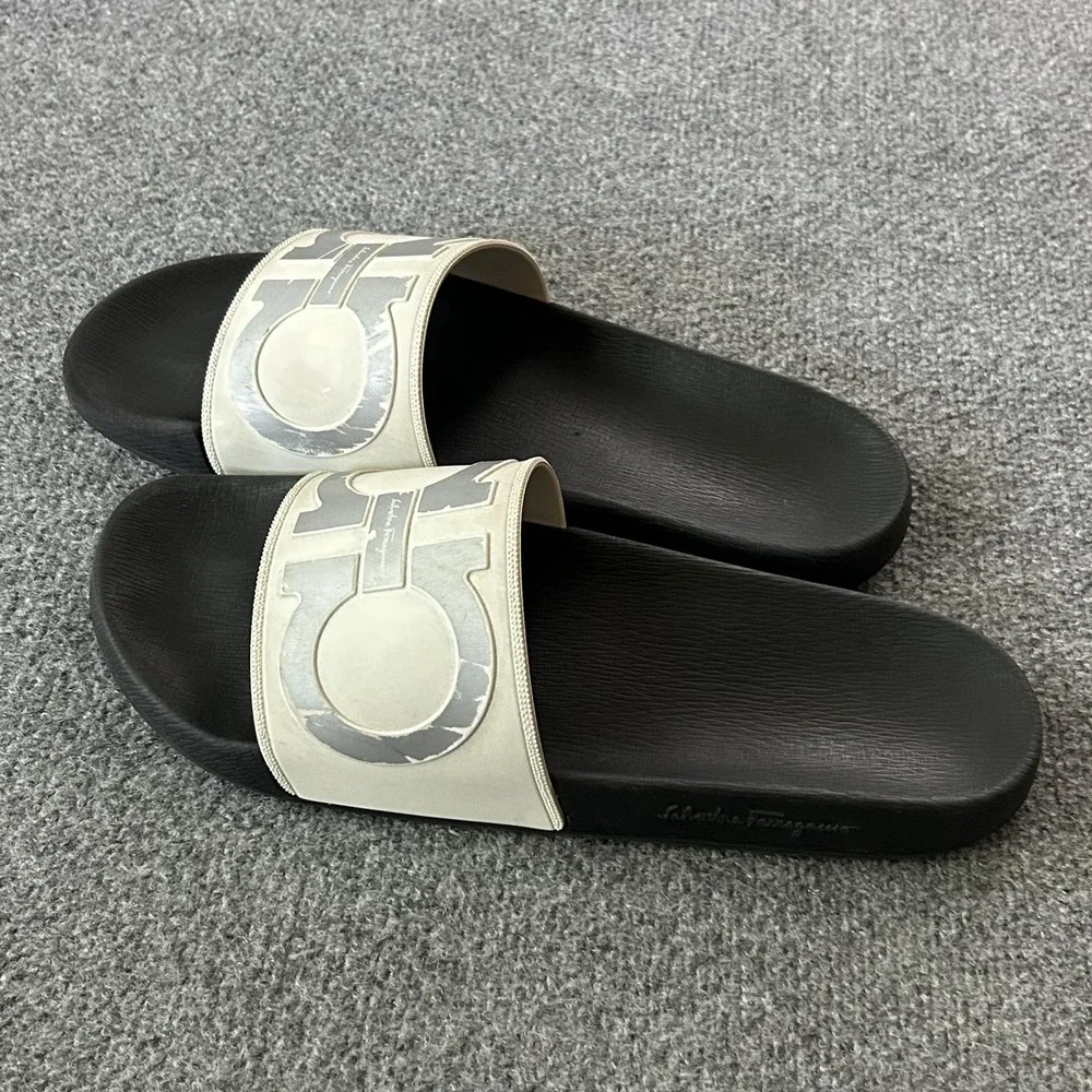 Salvatore Ferragamo Slide Sandals Mens 11 Black White Logo Rubber Gancini